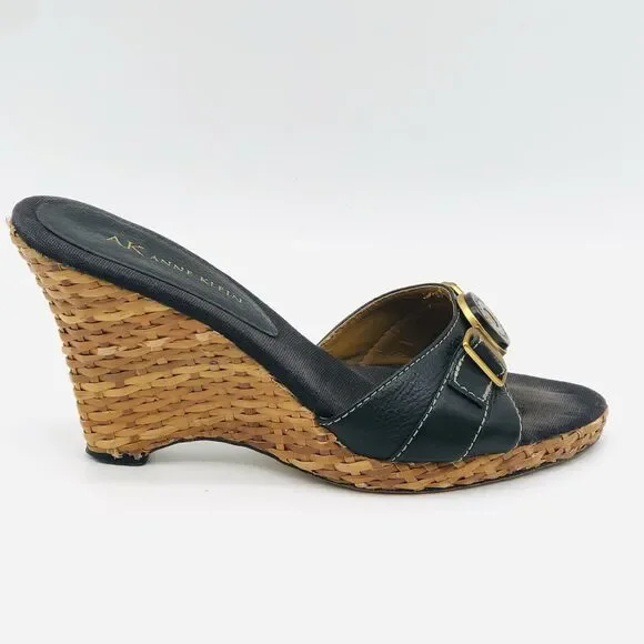 Anne Klein Wedge Sandal 7.5 Black Leather Straw Women AKHagan - Picture 3 of 15